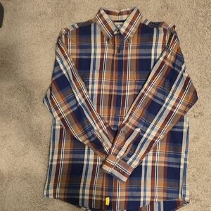 Wrangler Men's Plaid Long Sleeve Shirt - Blue, Brown, and White, Medium